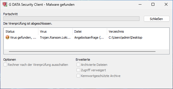 Screenshot: Meldung des GDATA Security Client: Malware gefunden